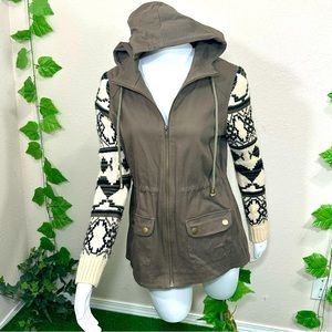 Anthropologie Brown Hooded Jacket with Black and Cream Sleeves